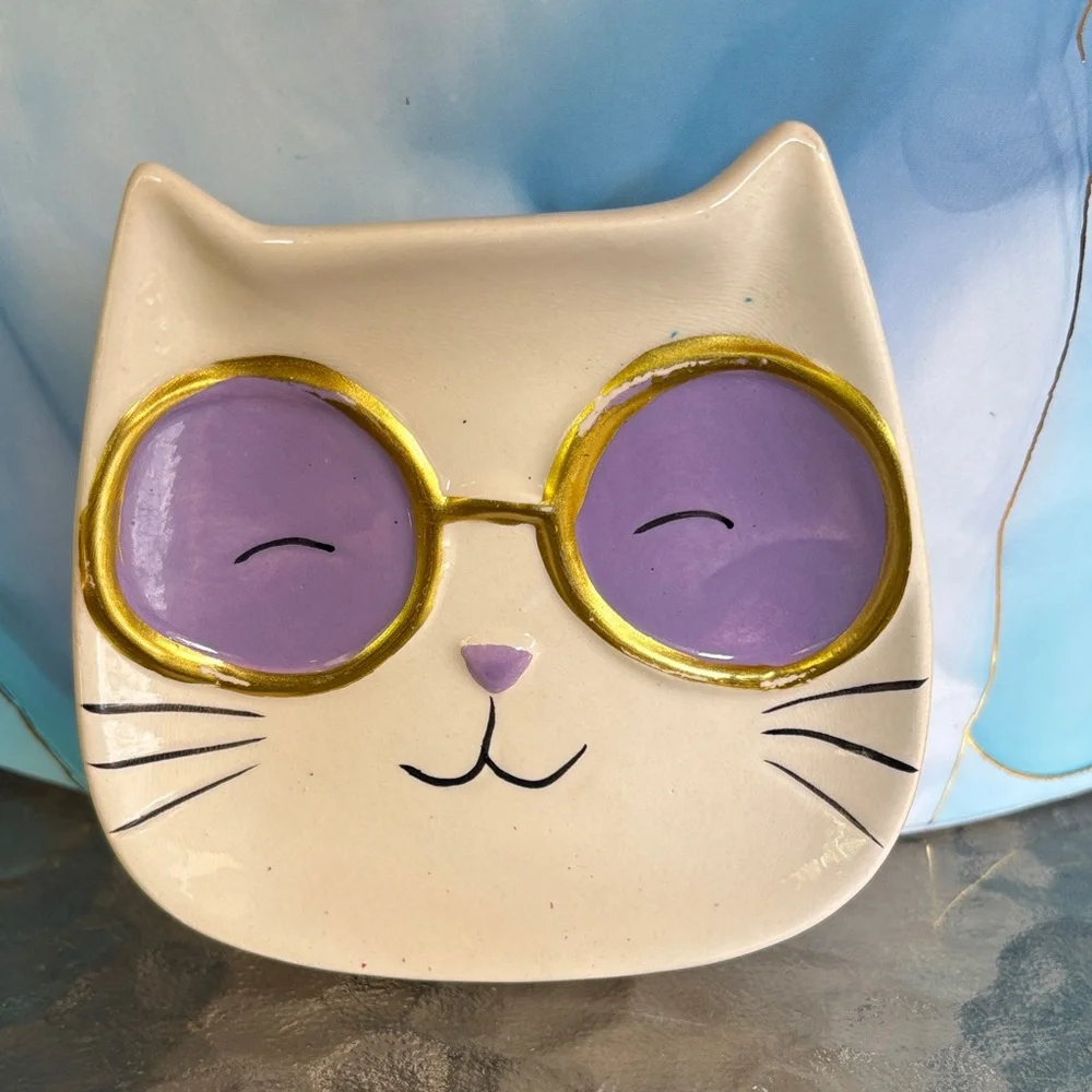 Cat Face Ceramic Trinket Dish - Cream and Purple